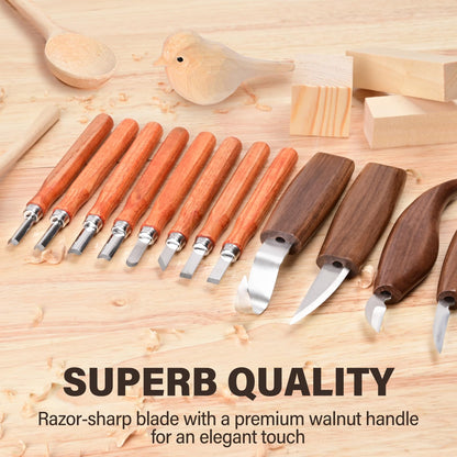 IMYMEE Deluxe Wood Carving Kit with Leather Case,Wood Carving Tools Set with Wood Carving Knife,Detail Knives,Basswood Blocks,Gloves,Strop Block,Polishing Compound for Whittling Kit Hobbies for Adults