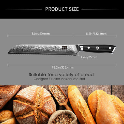 SHAN ZU Bread Knife 8 Inch Japanese Steel Damascus Serrated Knife Wave Edge, Professional Sharp 10Cr15Mov High Carbon Super Steel Cake Knife Bread Cutter with G10 Handle
