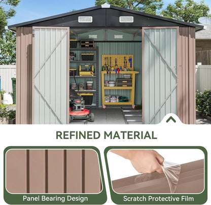 Aoxun 10x12 FT Galvanized Steel Outdoor Storage Shed with Base, Lockable Door & Sloped Roof, Metal Storage Shed Waterproof Tool Storage House for Garden, Backyard, Patio, Poolside (Brown)