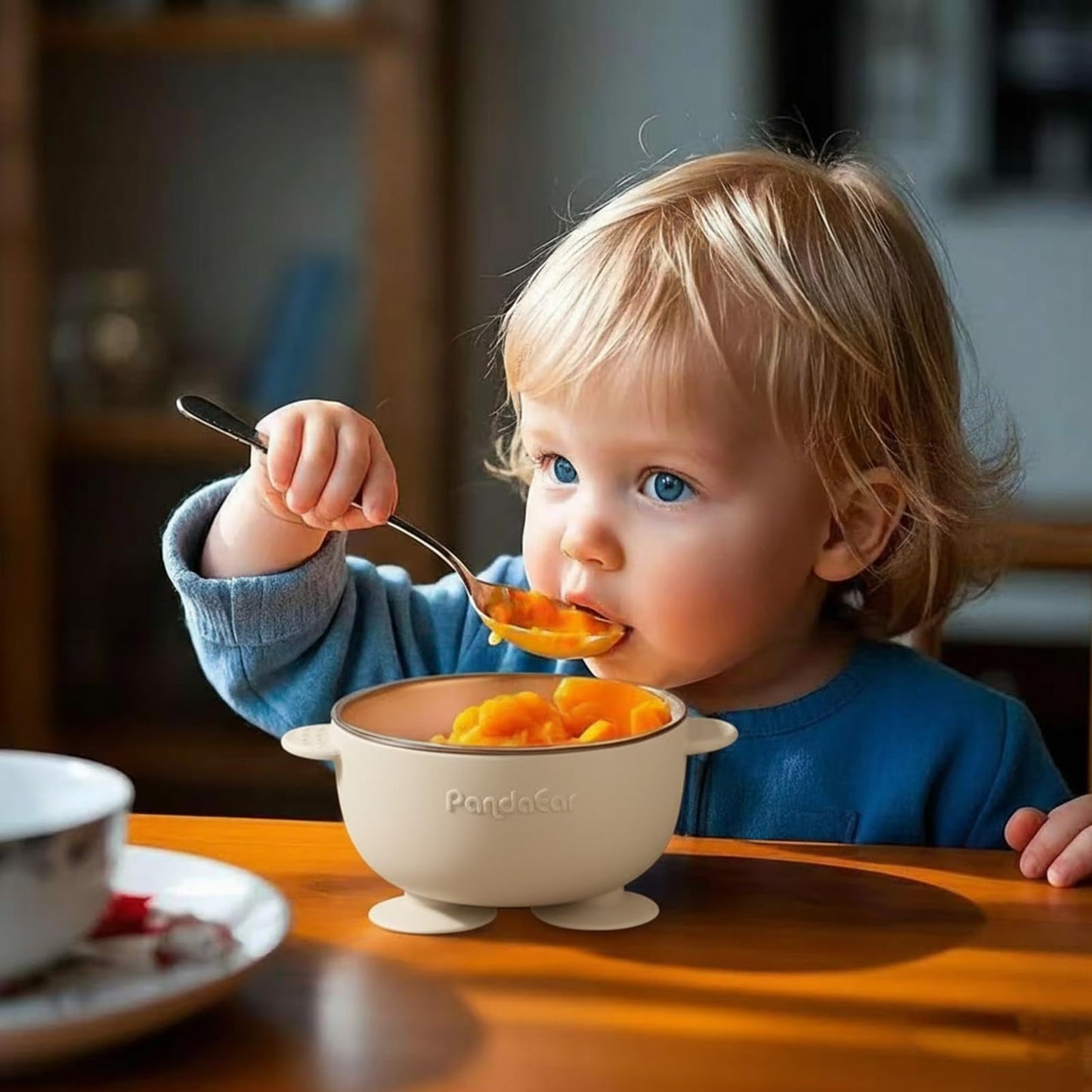 PandaEar 3 Pack Stainless Steel Baby Suction Bowls, Non-Slip Child Food Bowl with Silicone Sleeve for Kids Toddlers Infants, Unbreakable & Mess Free (Blue Green Beige)