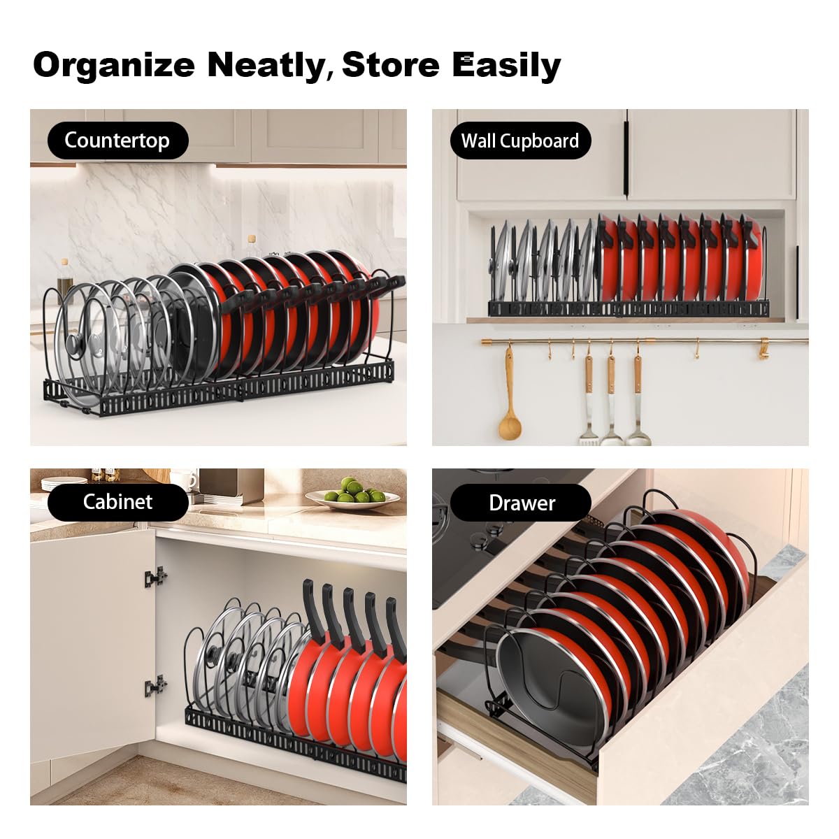 Housolution 2 Pack Pot and Pan Organizer, 12"-23" Expandable Pot Lid Organizer with 14 Adjustable Dividers, Pan Lid Holder Storage Rack for Cabinet, Black
