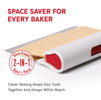 KneadAce Dough Scraper & Baker’s Brush Set. Stainless Steel Bench Scraper & Flour Cleaning Brush. Kitchen Tool for Pastry, Sourdough and Baking Prep Bread Dough Cutter, Gift For Bakers (White/Red)