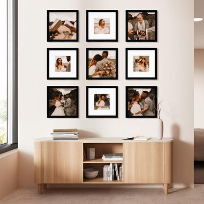 BSRHOME 10x10 Picture Frame Set of 9, Display Pictures 8x8 with Mat or 10x10 without Mat, Multi Collage Gallery Square Photo Frames for Wall or Tabletop,Black