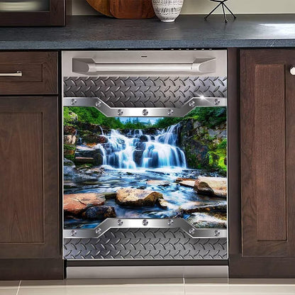Stainless Steel Style Dishwasher Magnet Cover, Landscape Pattern Refrigerator Door Vinyl Decal, 23" x 26"