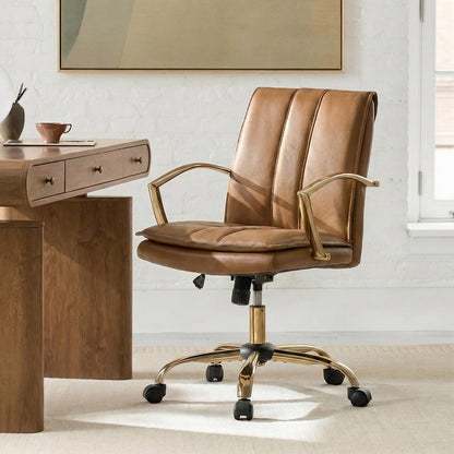 HULALA HOME Genuine Leather Home Office Chair with Rocking Tilt Function, Modern Swivel Executive Desk Chair with Golden Legs and Arms, Height Adjustable Upholstered Computer Task Chair, Camel