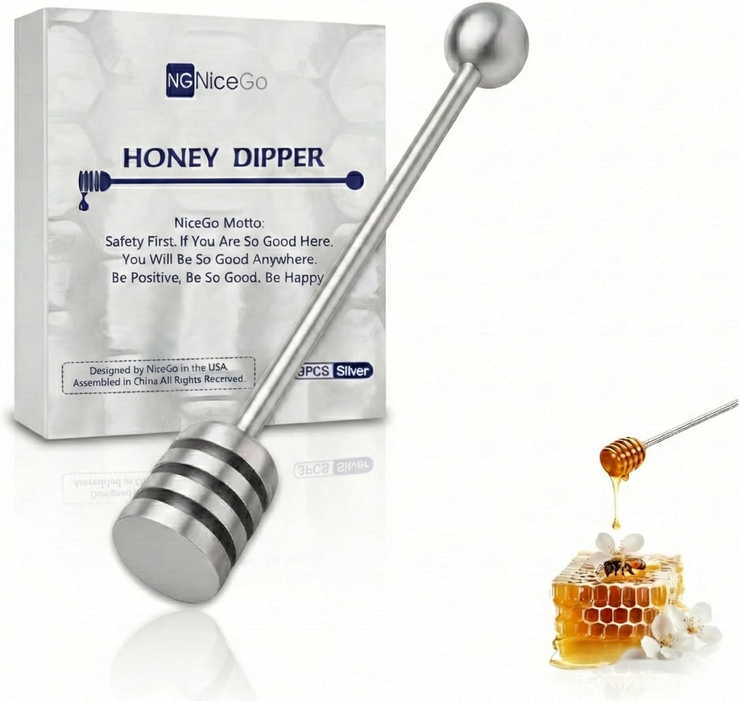 304 Set, 6.3 Inch 1 Pack 1 NiceGo Honey Dipper. Premium Stainless Steel Honey Dipper Kitchen Stirrer, Deep-Groove
