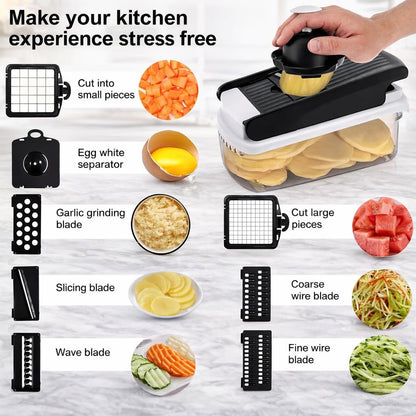 12-in-1 ABS Vegetable Chopper, Onion Cutter with Container, Food Slicer Dicer & Grater, Multifunction Kitchen Gadget for Fruits & Vegetables, BPA Free
