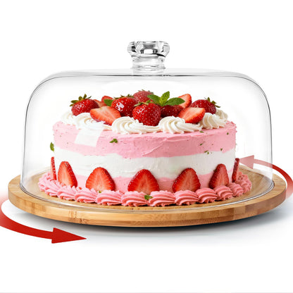 Masthome 11 IN Cake Stand with Lid, Bamboo Wood Rotating Cake Holder with Dome, BPA Free Cake Dish with Cover, Cake Plate with Cover for Birthday/Kitchen/Party/Weddings