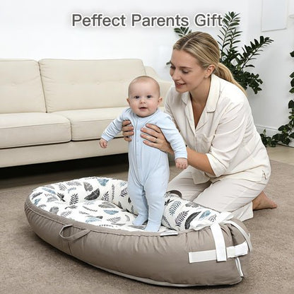 Infant Support Cushion - Reversible & Adjustable Baby Support Mat for Tummy Time | Soft, Breathable, Washable Cover | Grey Leaves