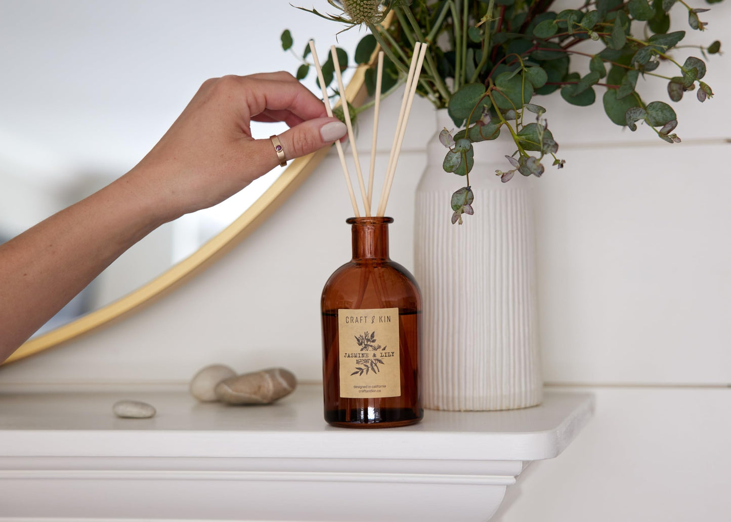 Craft & Kin Sage, Mint & Lavender Reed Diffuser | All Natural Essential Oil & 8 Rattan Scent Sticks | Reed Diffusers for Home, Bathroom | Long Lasting Home Fragrance in Amber Glass, 5.75oz