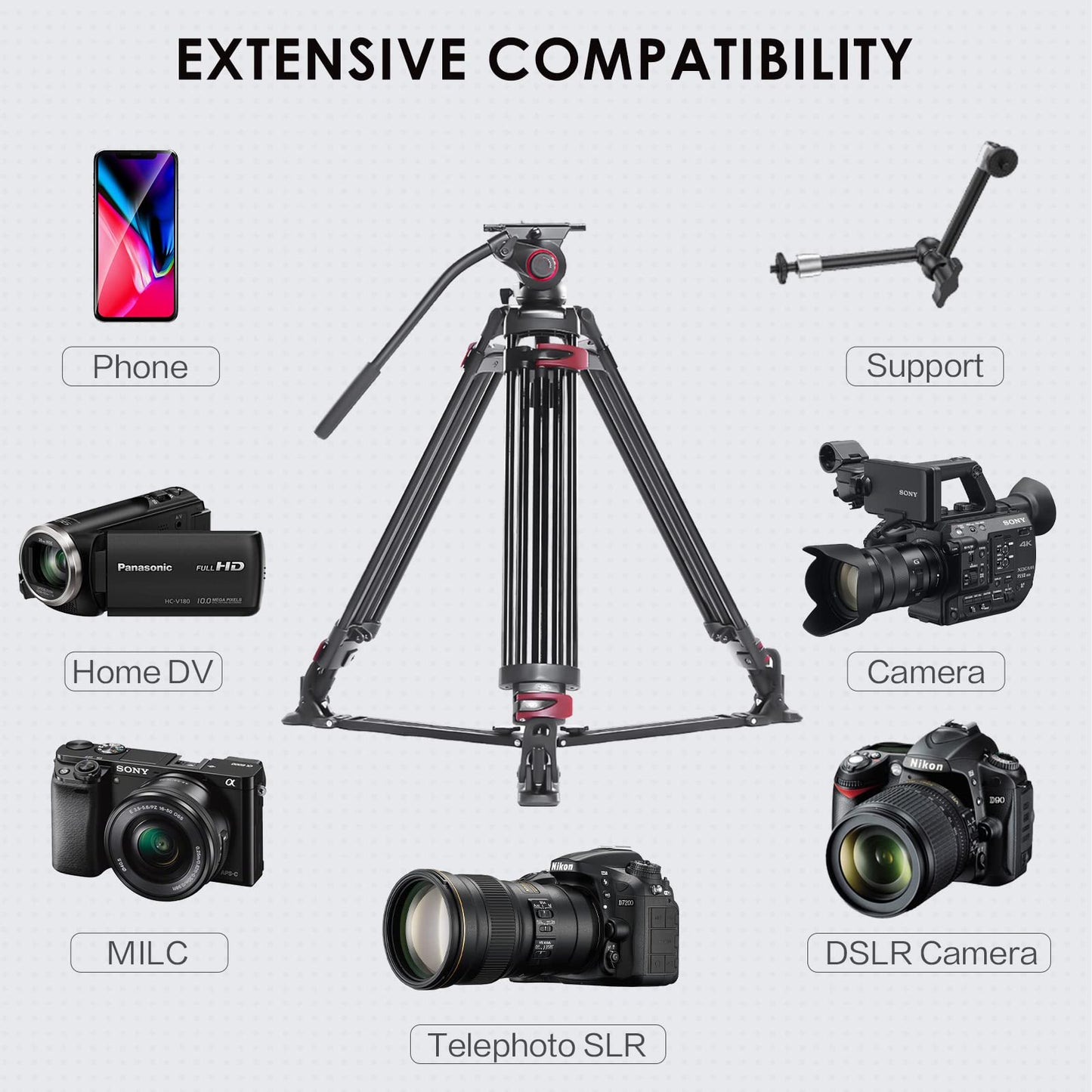 miliboo Heavy Duty Tripod Professional Video Tripod Fluid Head Tripod with Adjustable Damping, Photography Tripod for Large Equipment, Load 33 lbs, Included Ground Spreader, Aluminum MTT609A