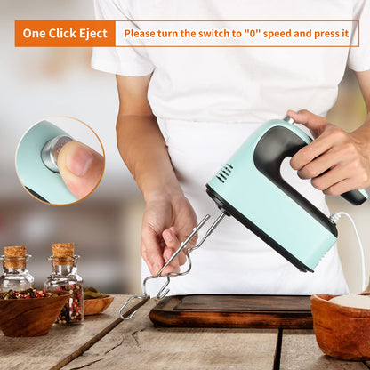 Yomelo 9-Speed Digital Hand Mixer Electric, 400W Powerful DC Motor, Hand Mixer Electric Handheld with Snap-On Storage Case, 5 Stainless Steel Accessories, Beaters, Dough Hooks, Whisk(Ice Blue/Black)
