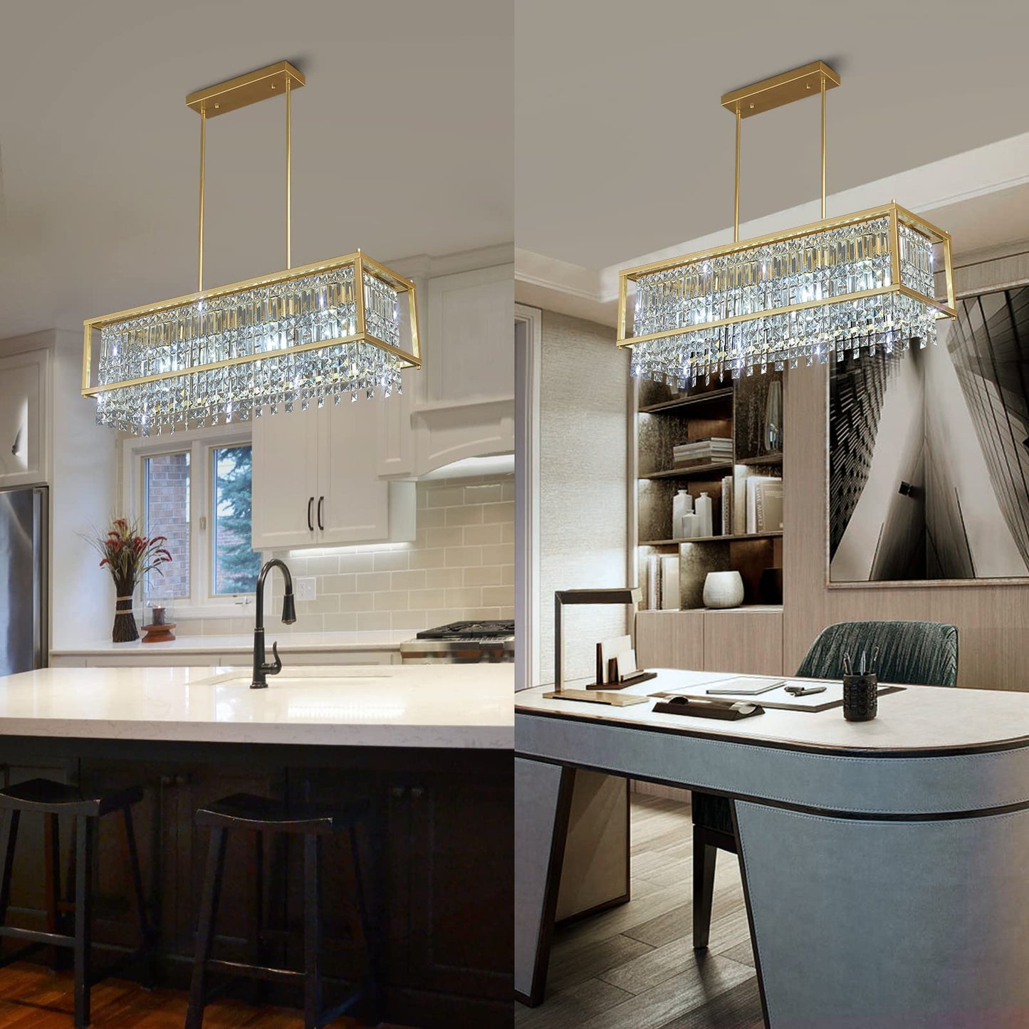 LMQNINE Modern Rectangle Chandelier for Dining Room, Gold Crystal Chandelier Linear Light Fixture, Farmhouse Chandeliers for Kitchen Island, Bar Table, L35.43'' x W11.81'' x H9.84''