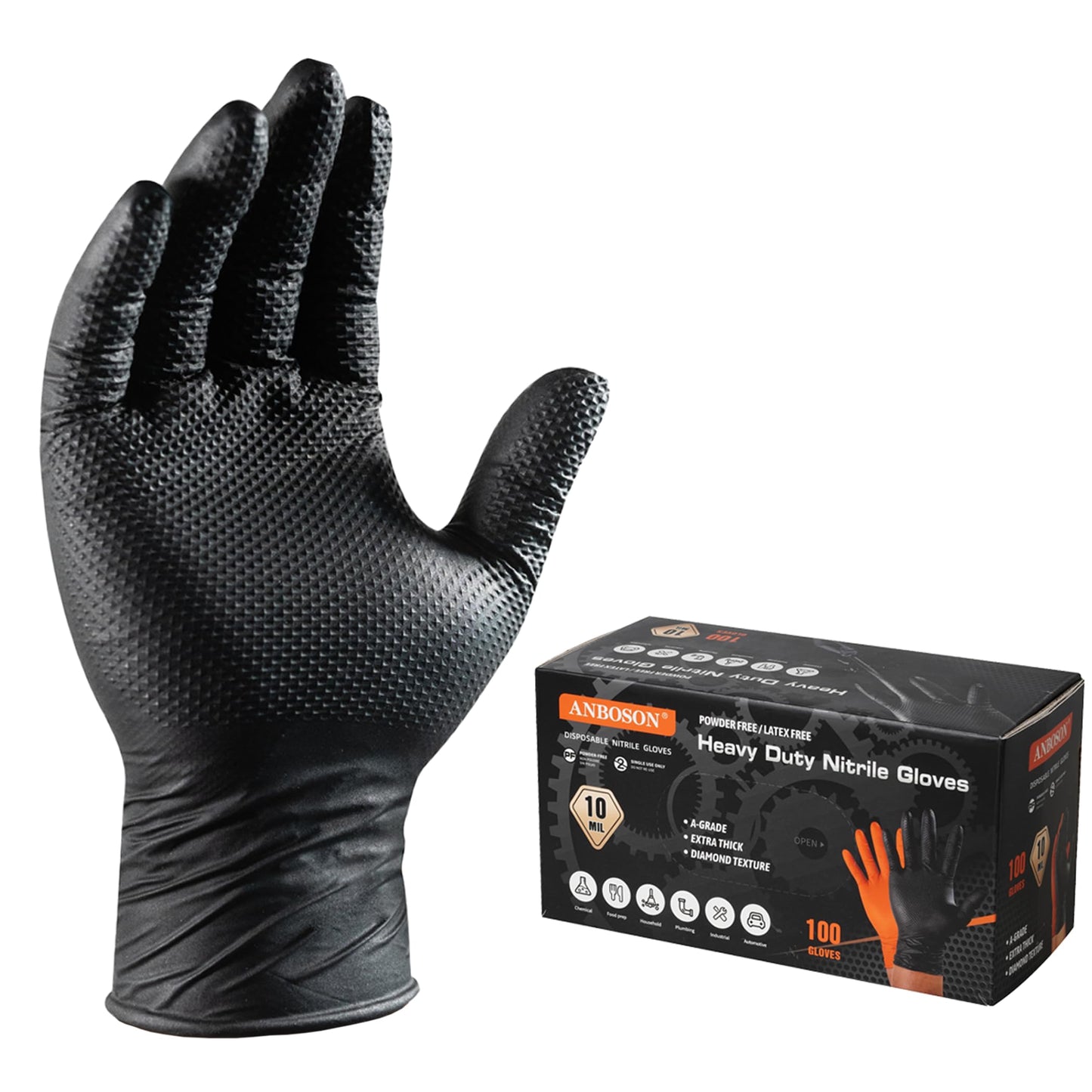 ANBOSON Black 10 Mil Nitrile Gloves, Diamond Textured Grip, Extra Thick Heavy Duty Disposable, Latex-Free, Tear & Chemical Resistant, Multipurpose Gloves for Kitchen, Cleaning, Medium
