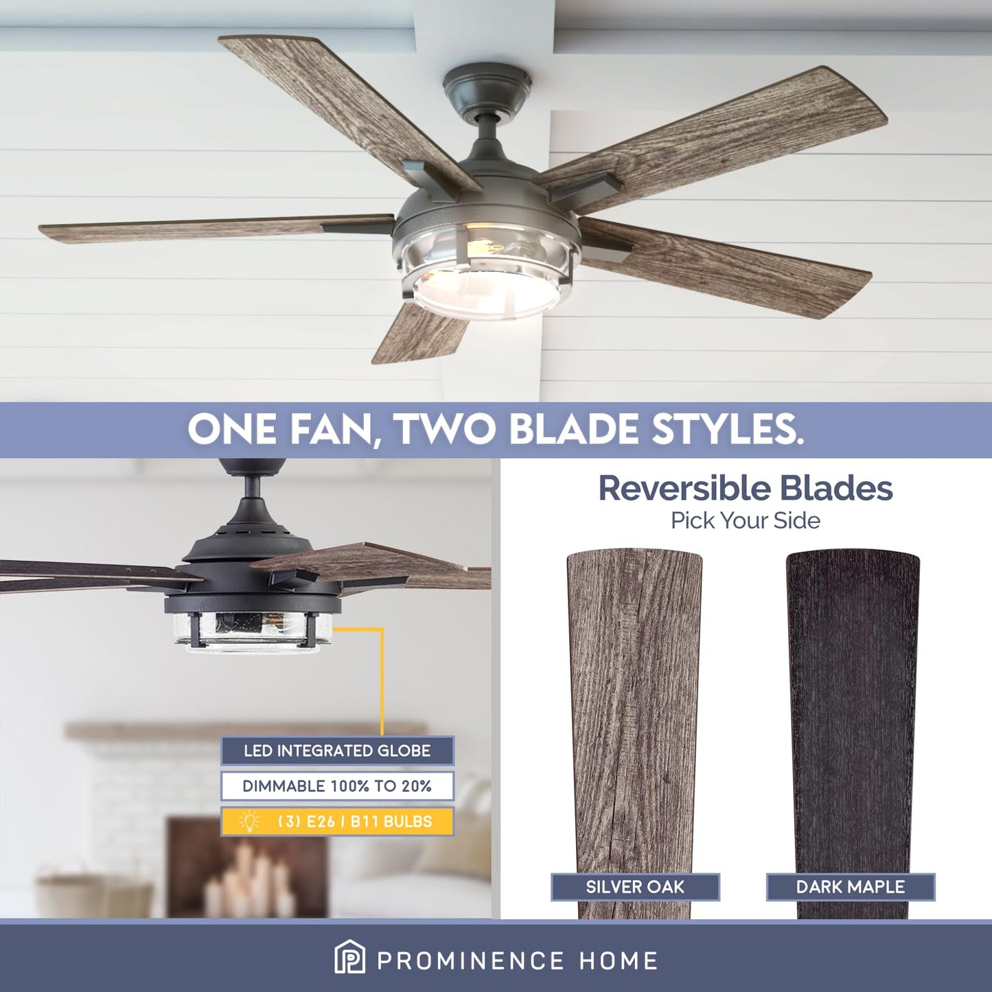 Prominence Home Freyr, 52 Inch Indoor Outdoor LED Ceiling Fan with Light, Remote Control, Dual Mounting Options, 5 Dual Finish Blades, Reversible Motor - 51484-01 (Textured Black)