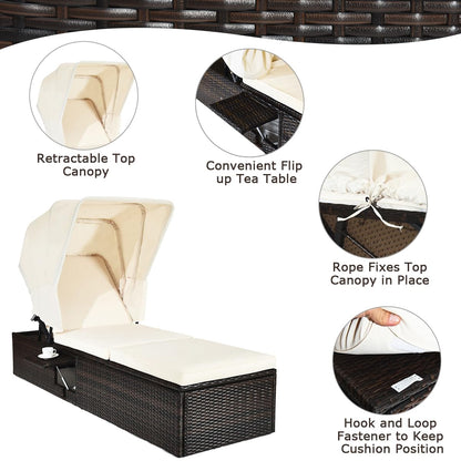 Tangkula Outdoor Chaise Lounge Chair with Folding Canopy, Adjustable Cushioned Reclining Chair with Flip-up Tea Table, Rattan Sun Lounger for Beach Poolside Backyard Balcony Porch (2)