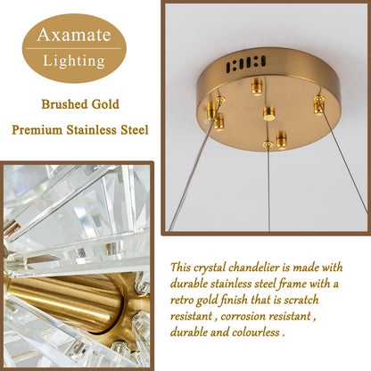 Axamate Modern Crystal Chandeliers D24 Gold Ring Chandelier Light Fixture Adjustable Hanging Ceiling Light for Living Room Bedroom Dining Room Laundry Room Foyer Kitchen Island