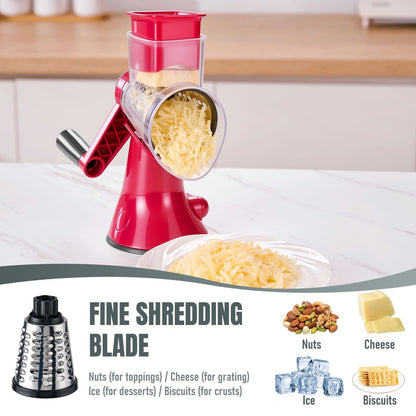 KYZ Rotary Cheese Grater - 12X Faster Hand Crank Vegetable Slicer with 3 Premium Stainless Steel Blades, Strong Suction Base, Dishwasher Safe Food Shredder for Cheese, Vegetables, Nuts, Chocolate