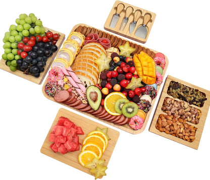 Charcuterie Board Set - Bamboo Cheese Board & Serving Tray with Stainless Steel Knives and Bowls, Housewarming Gifts New Home, Gift for Wedding Couple, Bridal Shower (NLB, 02)