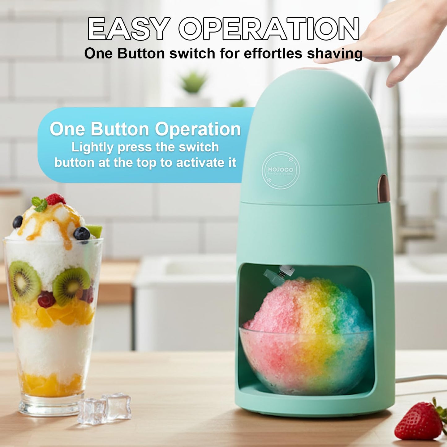 MOJOCO Shaved Ice Machine - Electric Ice Shaver Machine with Adjustable Blades for Fine & Coarse Ice - One-Press Operation Lightweight Snow Cone Maker for Slushies, Bingsu, Frozen Desserts