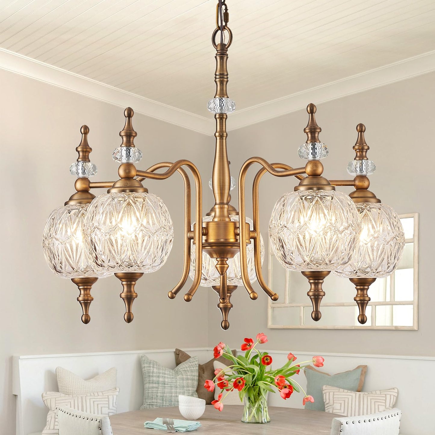 TLOLGT Chandeliers Vintage 5 Lights Brass Glass Pendant Lighting Fixtures Rustic Style Chandelier Matte Brushed Antique Brass Finish with Crystal Glass Shade for Kitchen Island Farmhouse