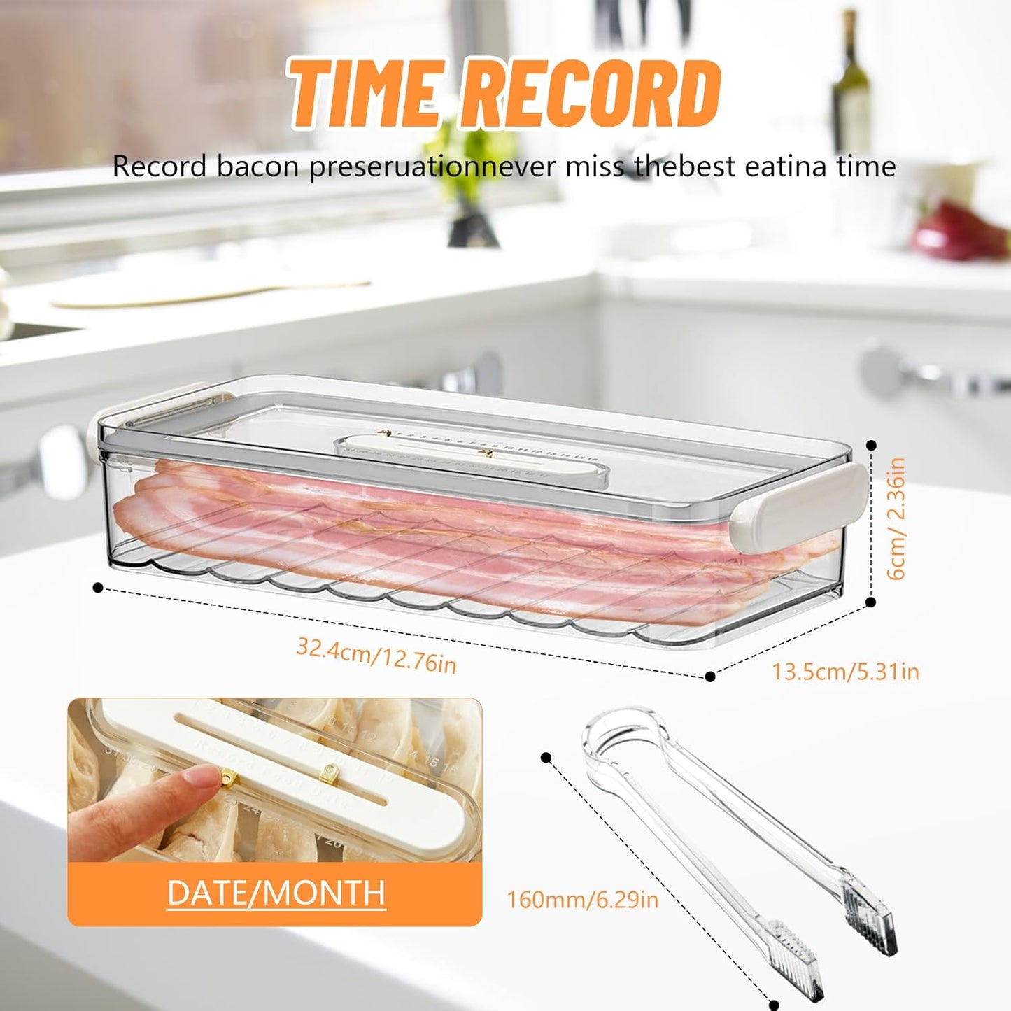 BigKing Bacon Container with Tongs, BPA Free Refrigerator Lunch Meat Keeper, Airtight Fridge Organizer with Lids