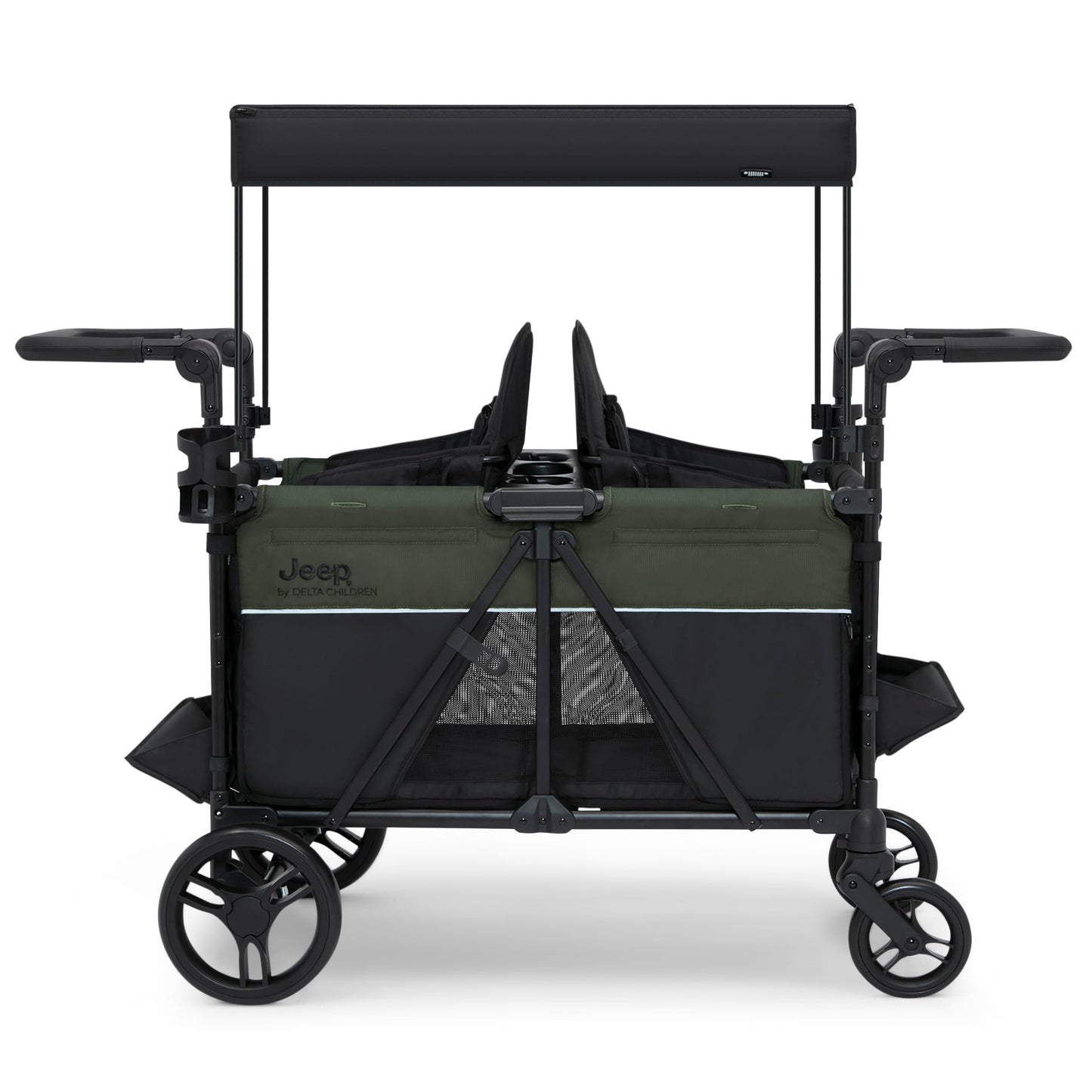 Jeep Aries Stroller Wagon by Delta Children Premium Wagon for 2 Kids with Convertible Seats, Adjustable Push/Pull Handles, Removable Canopy & Flat Fold - Greenguard Gold Certified, Black/Green