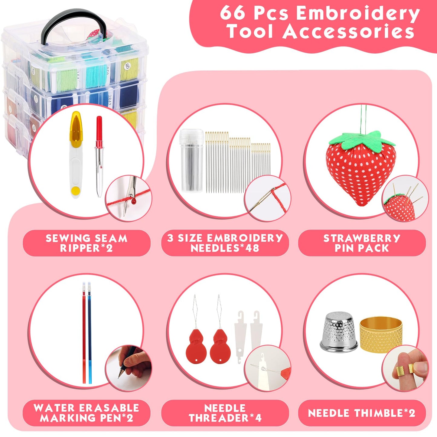 PAXCOO 276 Pack Embroidery Floss Thread Kit Including 210 Colors Cross Stitch Sewing Thread with 66 Pcs Embroidery Accessories and 4-Tier Transparent Embroidery Thread Storage Organizer Box
