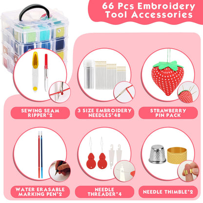 PAXCOO 276 Pack Embroidery Floss Thread Kit Including 210 Colors Cross Stitch Sewing Thread with 66 Pcs Embroidery Accessories and 4-Tier Transparent Embroidery Thread Storage Organizer Box