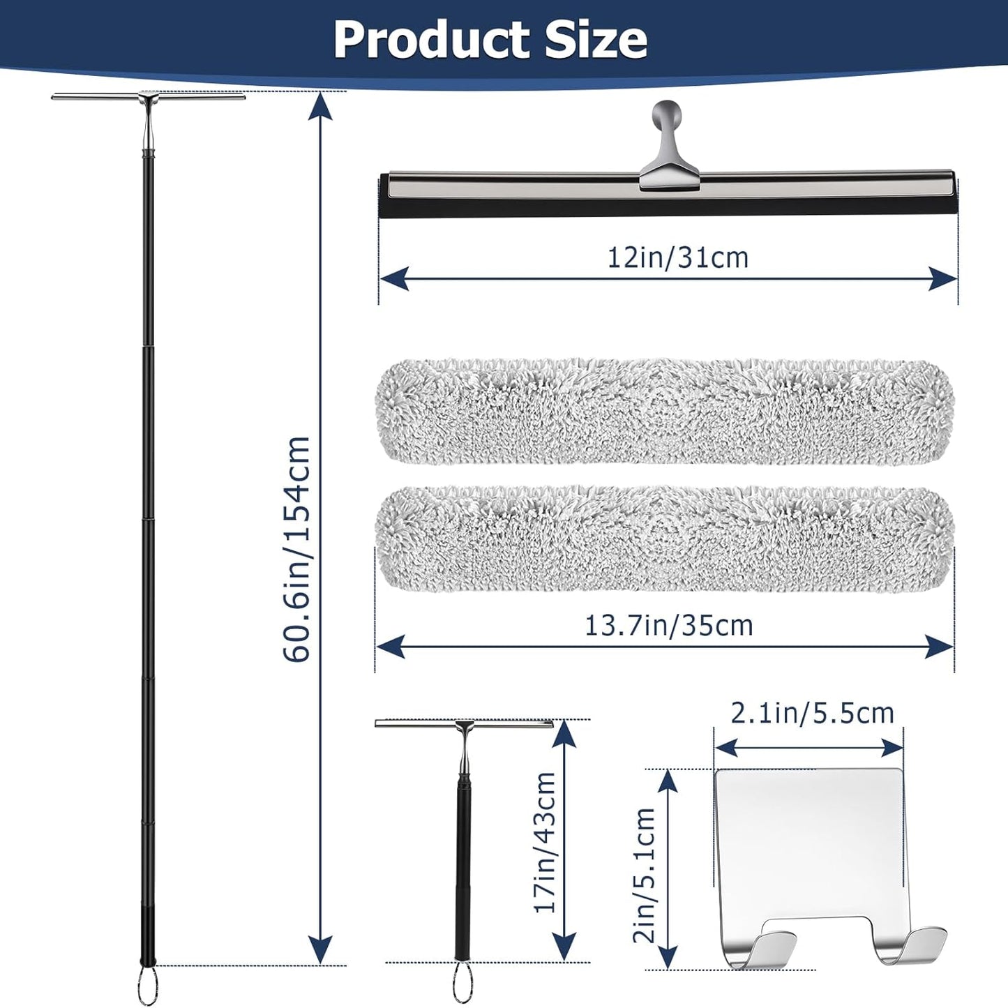 17'' 60'' 12'' (60'' - Metal Squeegee with Extension Pole for Window,Glass Door,Mirror, Wide Telescopic Shower Squeegee