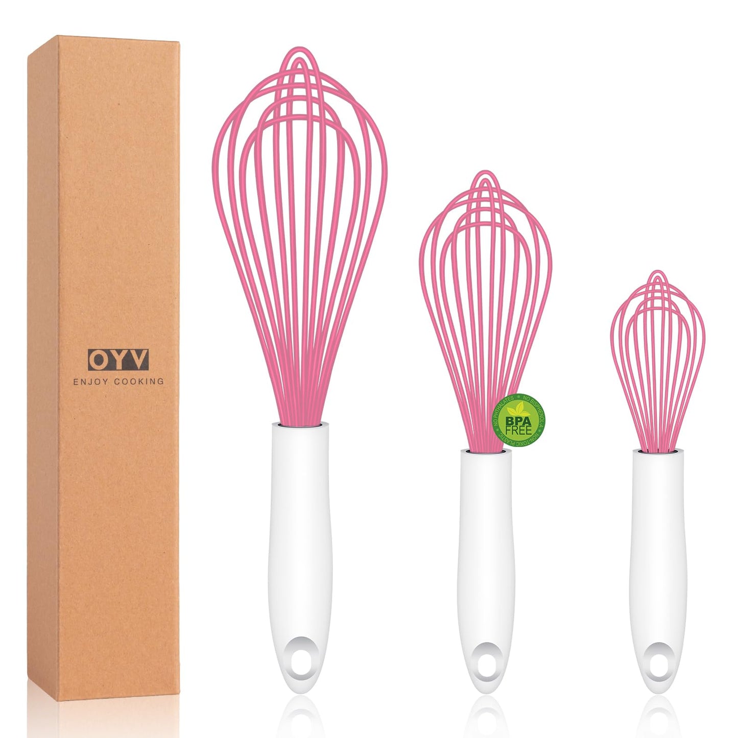 OYV Pink Silicone Whisk, Sealed Waterproof Design Set of 3, Professional Kitchen Whisks for Cooking Non-Scratch, Silicone&Stainless Steel Whisk, Heat Resistant 480°F Rubber wisk, BPA free