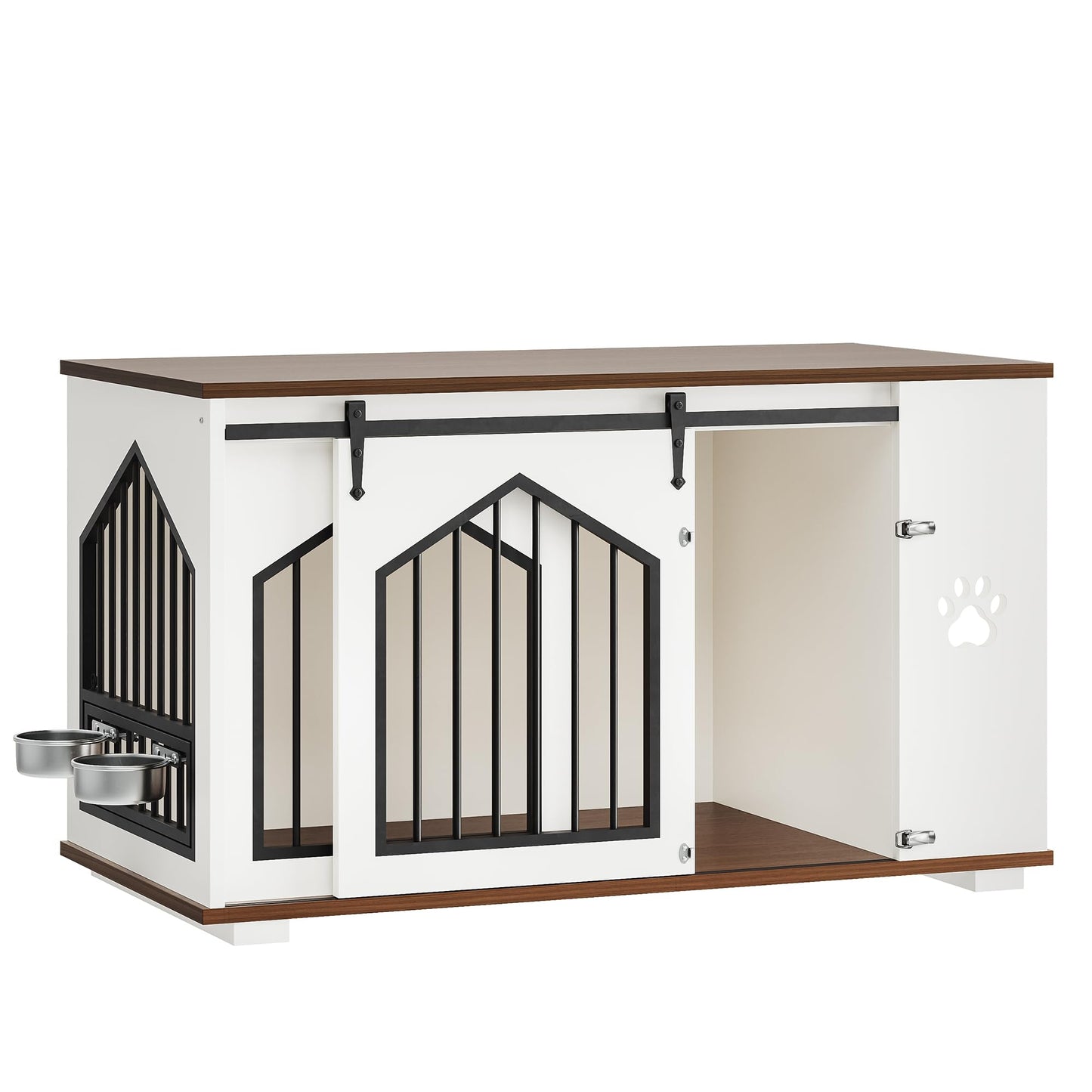 IRONCK Large Dog Crate Furniture with 2 Rotatable Dog Bowls, Wooden Dog Kennel with 2 Adjustable Shelves, Barn Doors Decorative Pet Cage Dog House as TV Stand, White