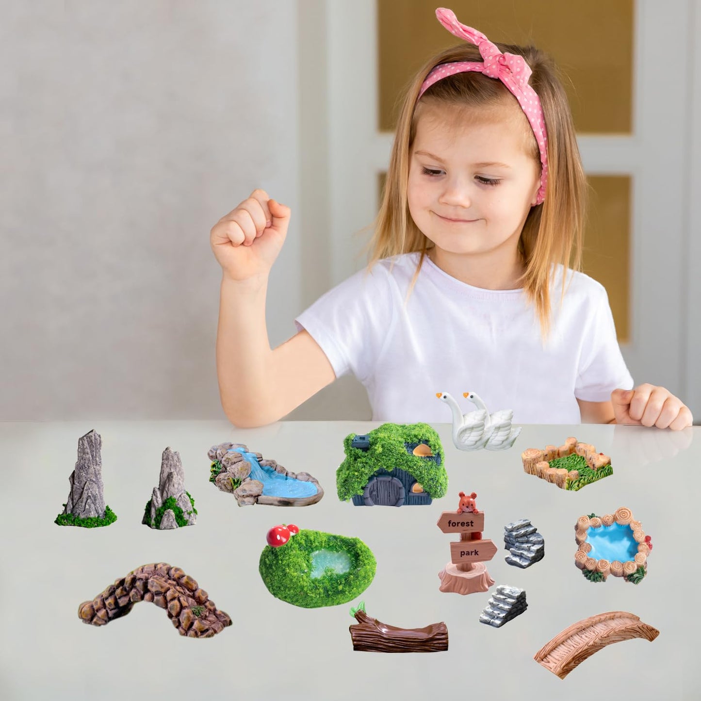 U-Zimikee 45 Pcs Resin Mini Garden Accessories - Miniature Landscape Decorations with Mini Bridge Pond Mountain House Figurines Swan Ladybug Butterfly Flower Figures Bulk for Dollhouse Garden Craft