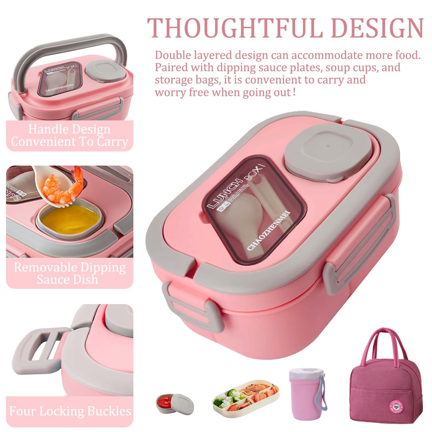 ROMAWARE Lunch Box For Women, Bento Box Adult With 2-Tier Container, Lunch Bag, Sauce Pod, Utensil Set. Lunch Containers, Salad Container. BPA-Free, Microwave/Dishwasher Safe (Pink)