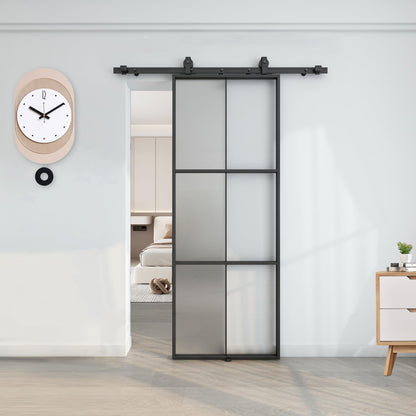 BARNSMITH 36in x 96in Glass Barn Door with 6FT Hardware Included, Aluminum Alloy Frame Frosted Tempered Glass, 6-Lite Lightweight Sliding Barn Door, Easy Assembly