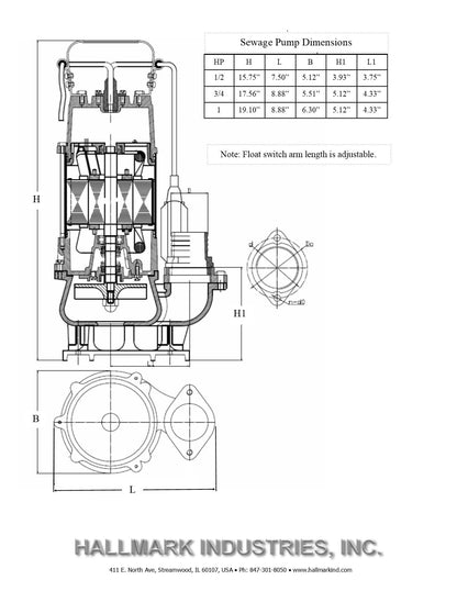 Hallmark Industries MA0387X-9A Sewage Pump with Float Switch, 7250 gpm, Stainless Steel, Heavy Duty, 1 hp, 230V, 49' Lift, 20' Cable