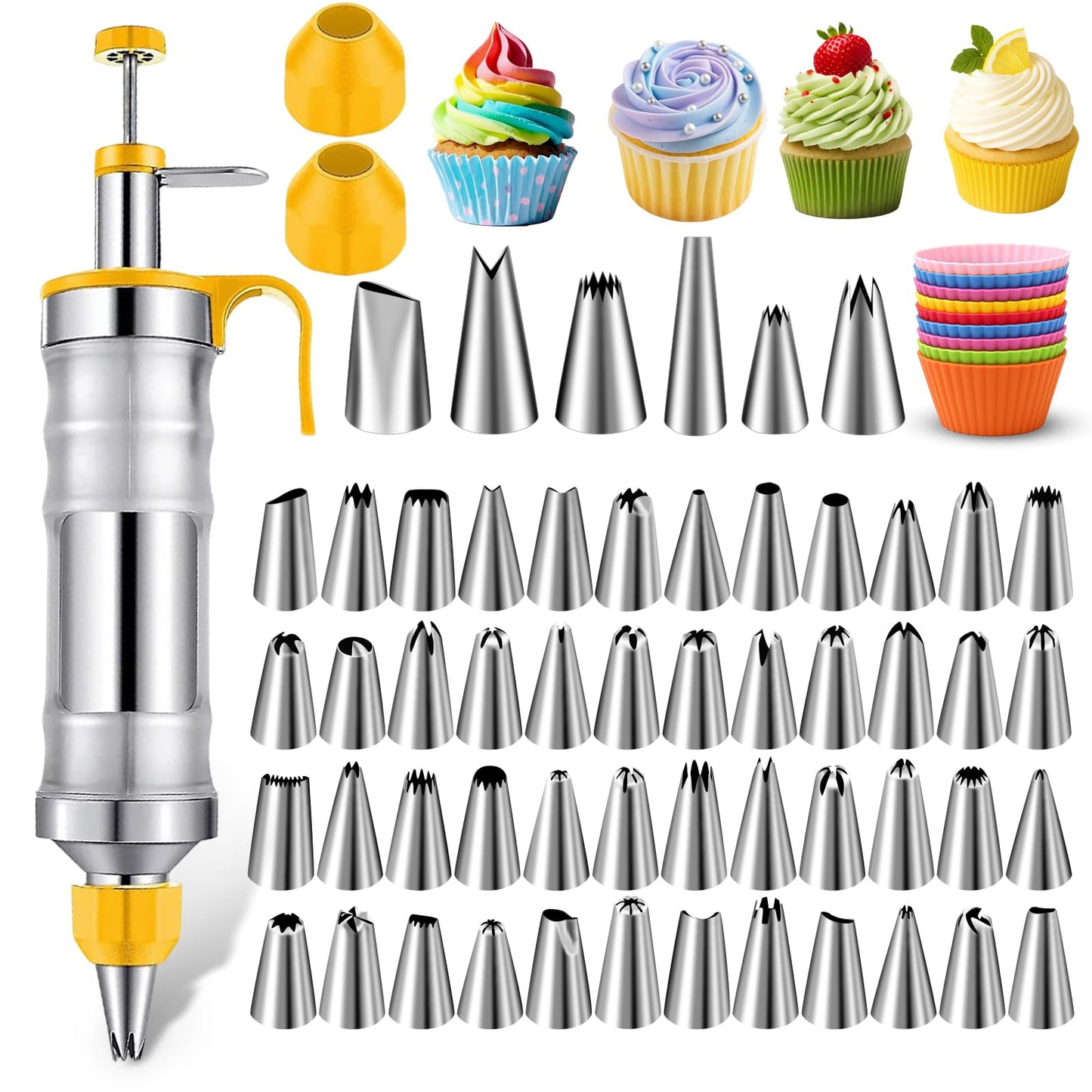 NOVANO Dessert Decorating Syringe Set, Frosting Piping Kit Stainless Steels Cake Decorating Kit with 54 Piping Tips & 9 silicone cupcakes, Cupcake Decorating Kit Piping Bags and Tips Set (Yellow)