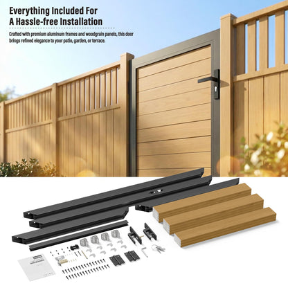 Brukid 3x4 FT Aluminum Fence Gate Kit Wood Grain Aluminum Gate with Decorative Cutout, Lock & Hinges, Left/Right Opening, Weather Resistant for Yard Garden Patio