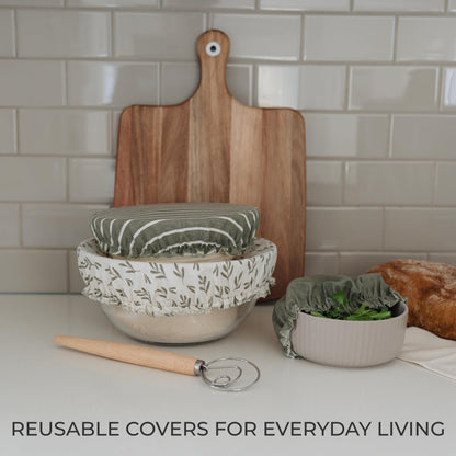 Beautiful Linen Cotton Blend Bowl Covers for Bread Proofing - Reusable Set of 3 in Varying Sizes Easily Fit Your Bowls 7" to 13" - Durable Fabric Covers, Ideal Sourdough Bread Baking Accessories