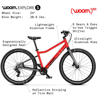woom Explore 5 Bicycle for Kids 7 to 11 Years Old, 24-Inch Lightweight 8-Gear Road & Mountain Bike for Boys & Girls - Red