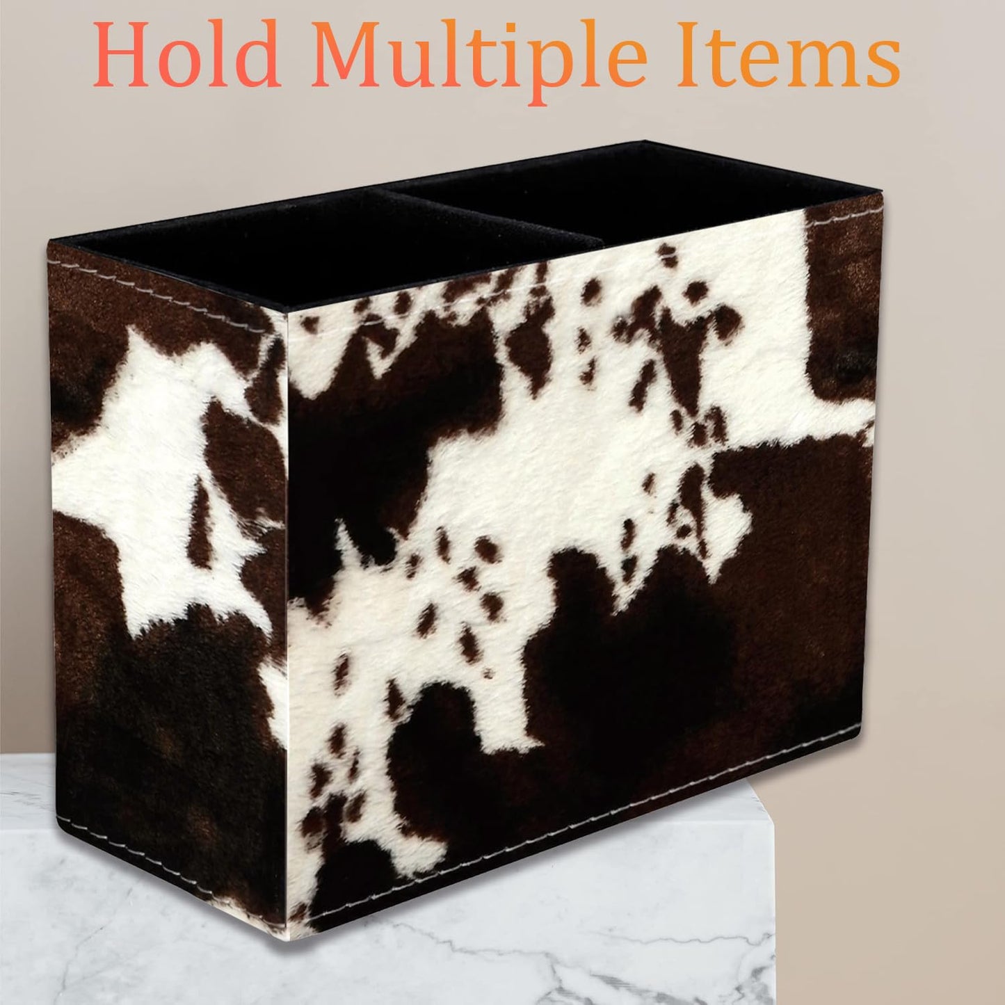 VSHSEEOM Cow Hide Print Pencil Holder for Desk, PU Leather Multifunctional Mobile Pen Holder Desktop Organizer Makeup Brush Holder for Classroom, Office and Home