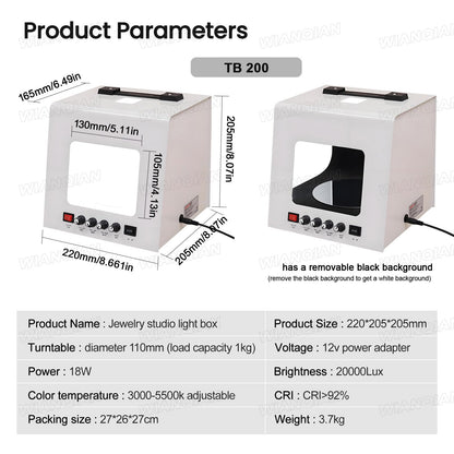 Portable Photo Studio Light Box, Jewelry Photography Box Kit, Jewelry Photography Light Box Kit, 20,000 Lux / 22,000 Lux, Bidirectionally Adjustable Speed, For Small Items Photography Video TB200