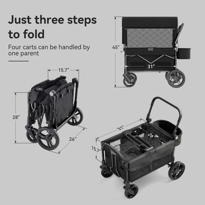 Fldofaves Wagon Stroller for Kids, 4-Seat Kid Wagon for Toddlers, Multi-Child Baby Wagon Stroller, Heavy-Duty Kids Wagon with Canopy, Large Foldable Toddler Stroller Wagon for Outdoor Travel