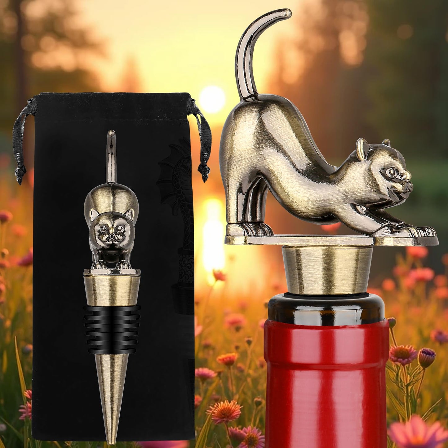 LKKCHER Cat Wine Bottle Stopper, Cat Decorative Gifts for Kitty Lovers Women Men, Birthday Fathers Day Christmas Gifts for Women Men, Bronze Wine Saver with Bag