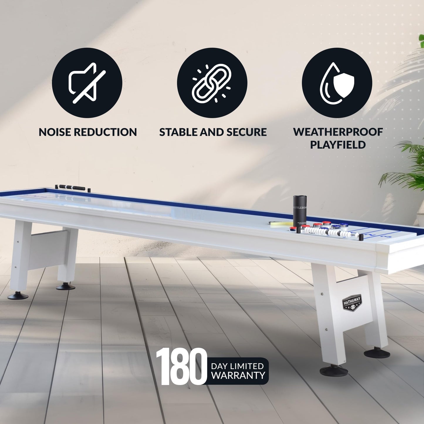Hathaway Crestline 12 Ft Outdoor Shuffleboard Table for Patio, Yard & Deck - with Weatherproof Playfield, Built-in Scorer & Fitted Cover, Leg Levelers, 8 Pucks, Wax – White Finish