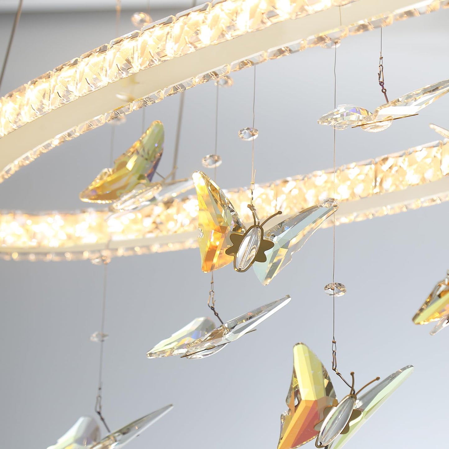 WOSOHYUN 40 Inch Gold Crystal Butterfly Chandelier, Adjustable Hanging Linear Chandeliers, Oval Rings Chandelier for Dining Room, Living Room, Foyer