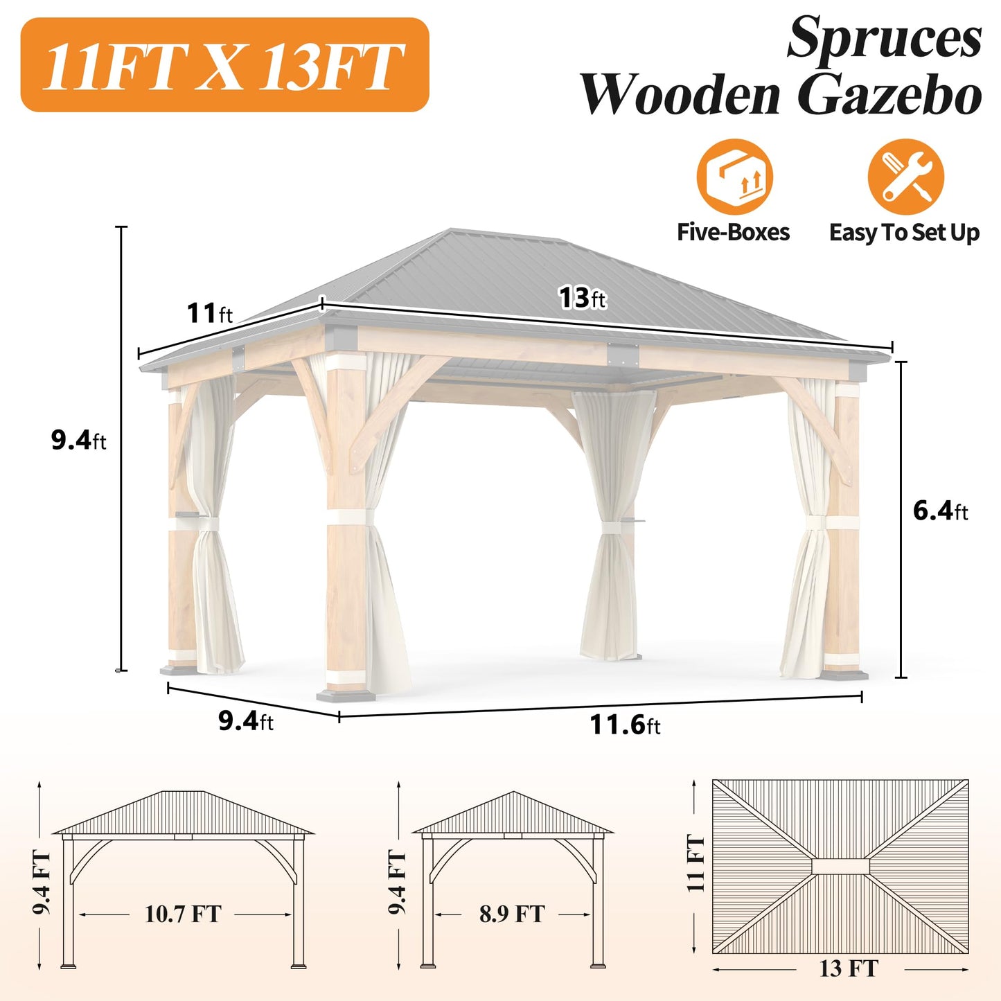 GARTOO 11’x 13’ Outdoor Spruce Wood Gazebo - Patio Hardtop Gazebo Permanent Wooden Pavilion with Privacy Curtains and Netting & 2 Shelves, Steel Roof Wooden Gazebos for Garden, Porch, Lawn, Backyard