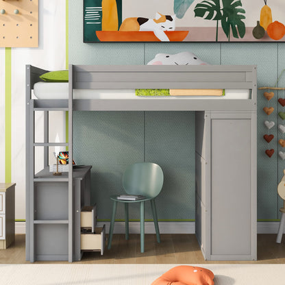 Merax Loft Bed Twin with Desk and Wardrobe, Storage Design with Drawers & Cabinet, Wood Loft Bed Frame for Adult, Teen Girls & Boys(Grey)