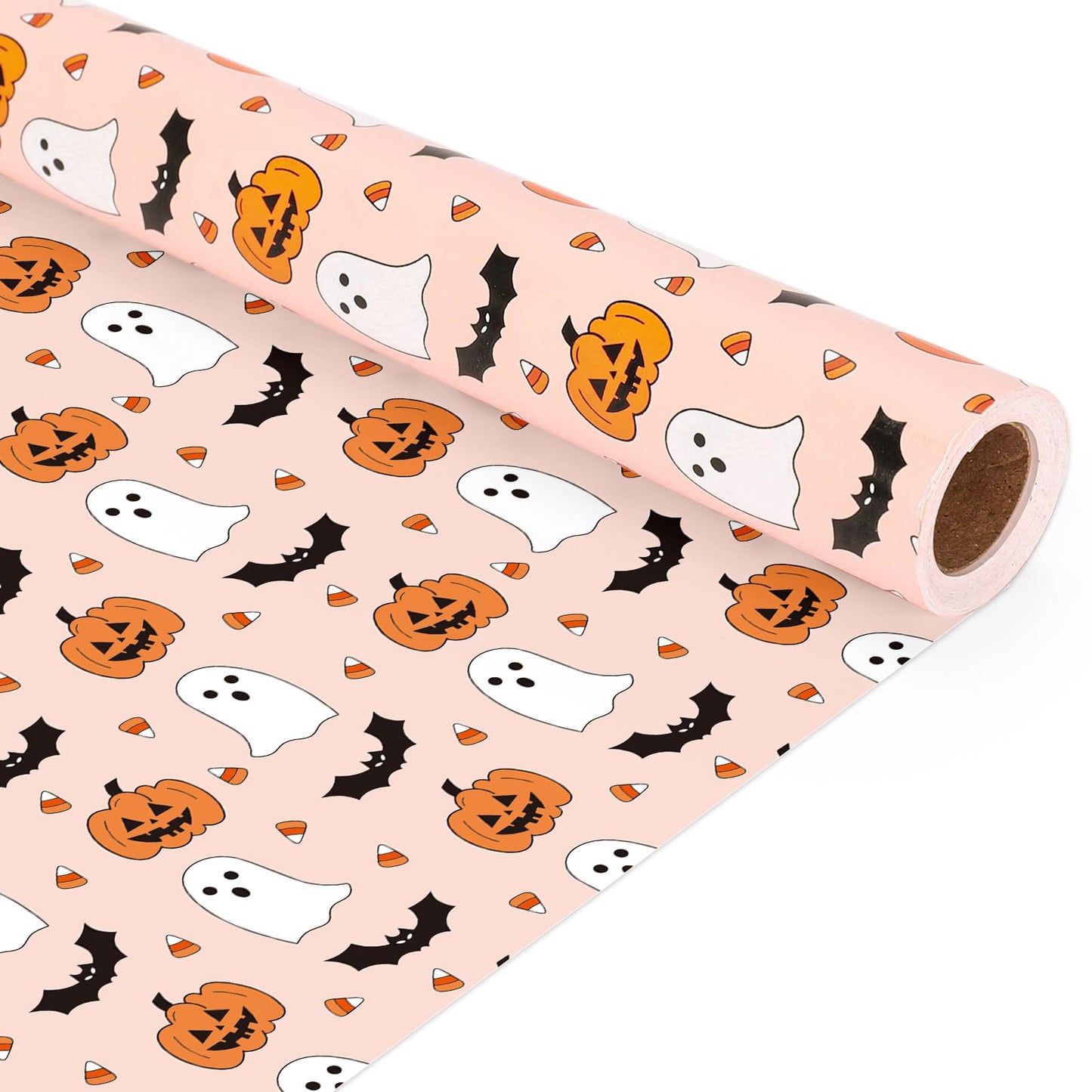 Whaline Halloween Wrapping Paper - Mini Roll - 17 In x 32.8 Ft Cute Pumpkin Ghost Bats Gift Wrap Paper Boho Orange DIY Art Crafts Packing Supplies for Halloween Birthday Baby Shower Holiday Party