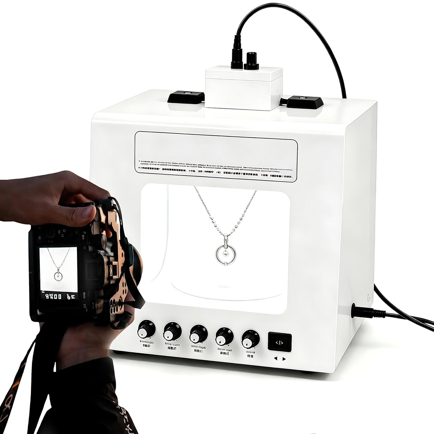 QIUNAOZI Jewelry Hanging Photography Kit, Pro Jewelry Photography Light Box Kit, Turntable Diameter 11/15cm, 4pcs Fill Lights, with 360° Electric Rotating Feature, for Jewelry, Small Items White-TB30